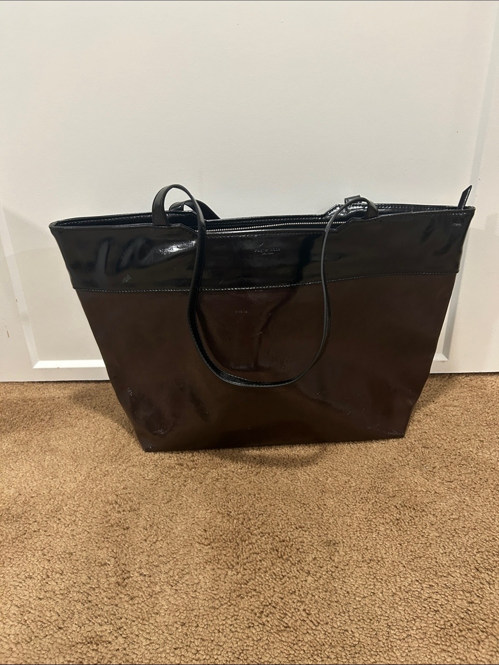 rag & bone Black & Brown Patent Tote with Glossy Trim and Dual Straps